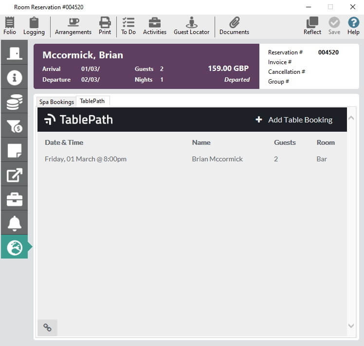 Booking added to TablePath from within Hotsoft