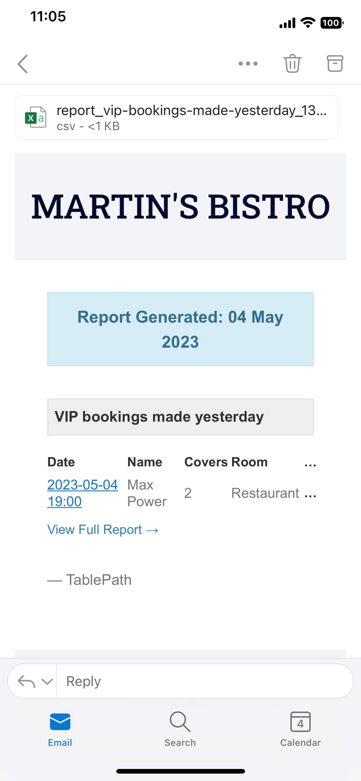 Report email for VIP bookings made yesterday